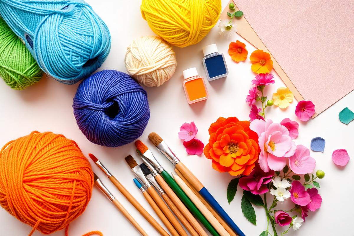 Colorful craft supplies including yarn, paint brushes, faux florals and scrapbook paper